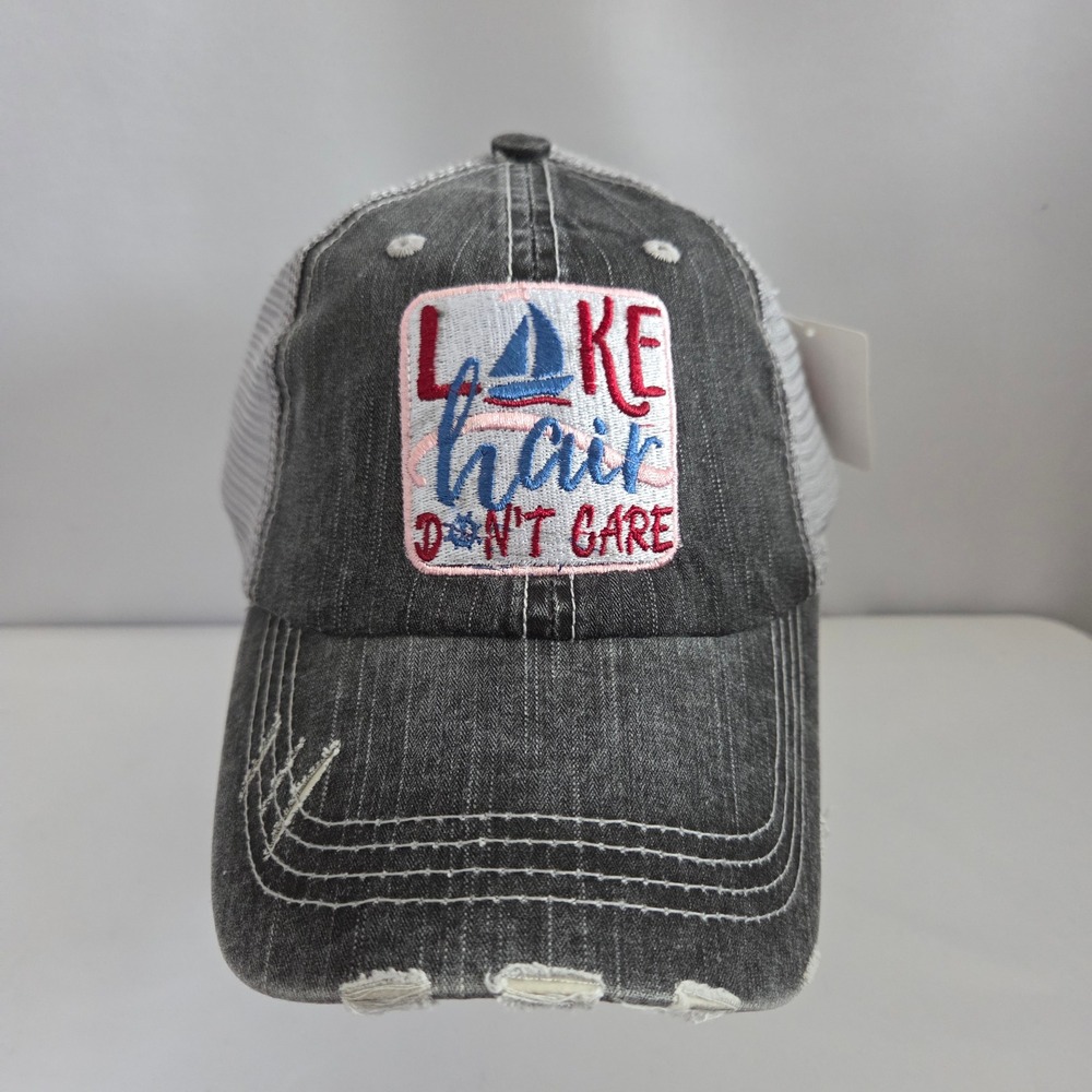 Lake Hair Don't Care Trucker Hat Distressed Denim Mesh Back Baseball Cap Grey